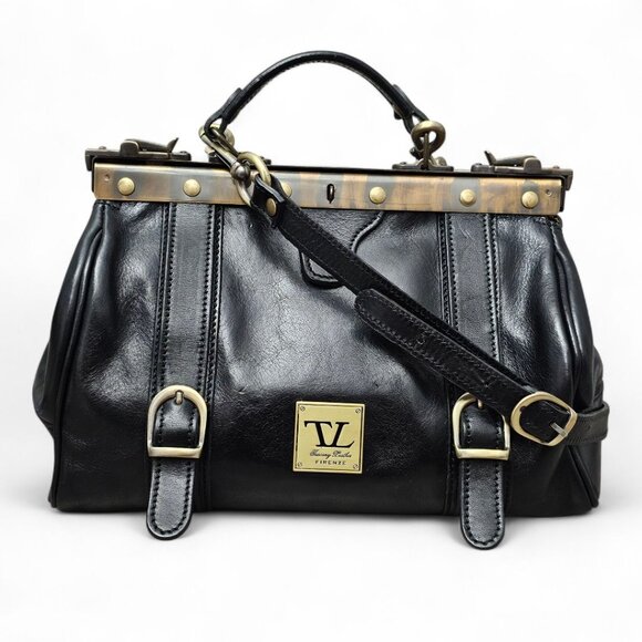 Tuscany Italian Leather Monalisa Leather Gladstone Black Doctor Shoulder Bag - Picture 1 of 16